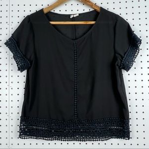 Japna Women's Lightweight Sheer Blouse with Crochet Trim Size Medium Black